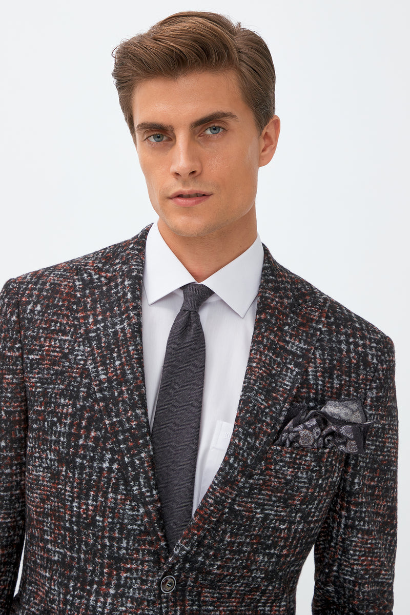 Koyu Bordo Slim Fit Dar Kesim Yünlü Desenli Ceket