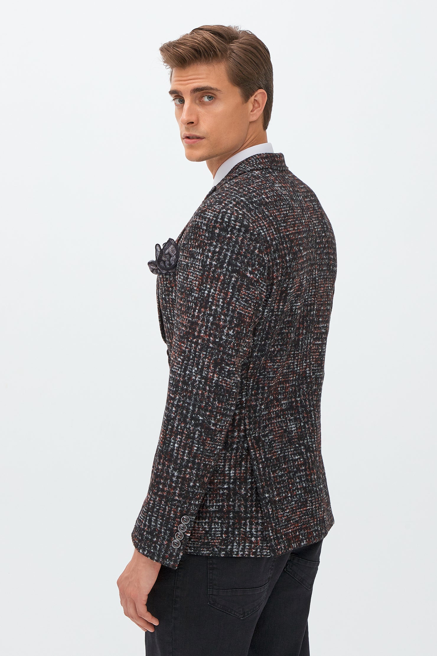 Koyu Bordo Slim Fit Dar Kesim Yünlü Desenli Ceket