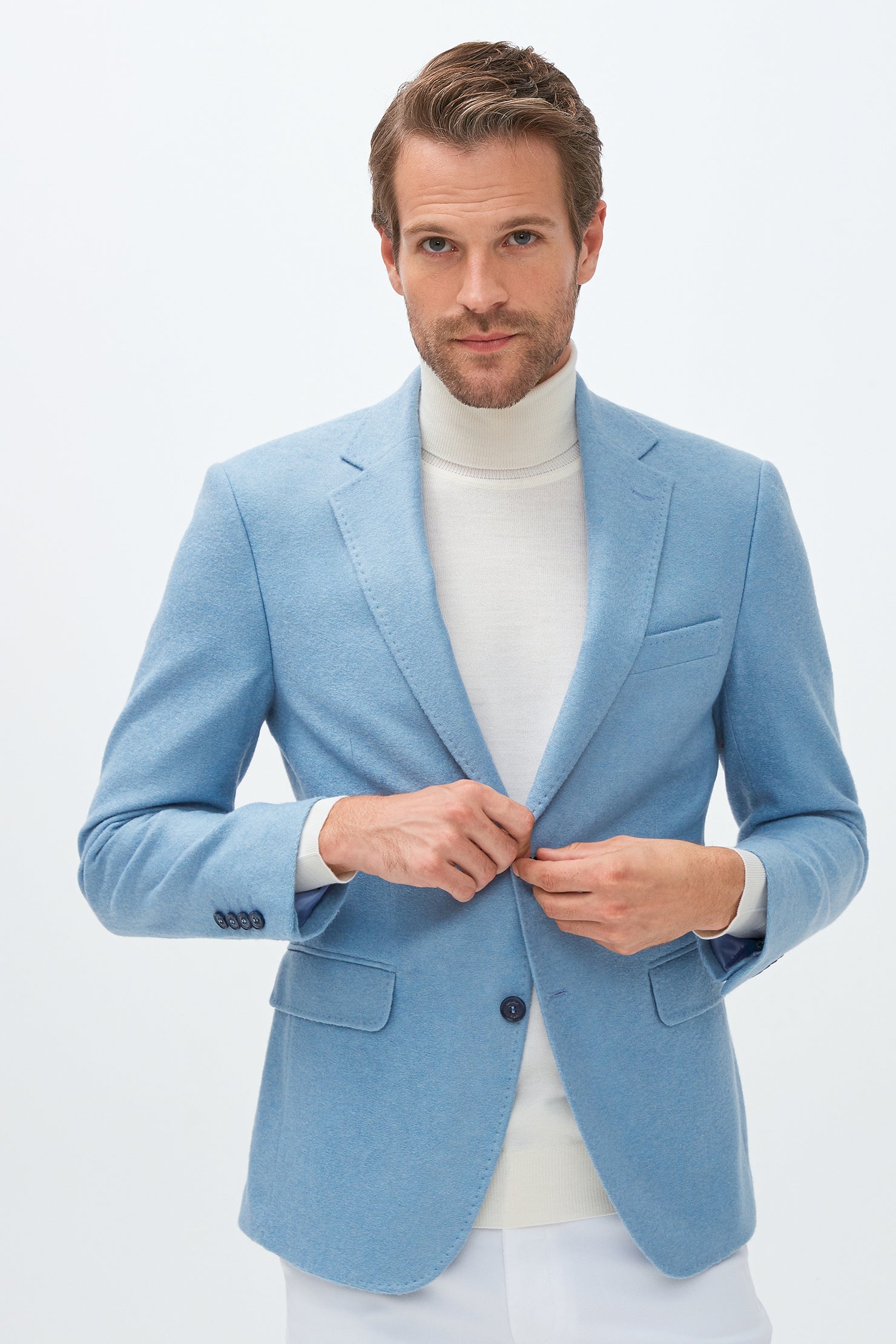 Açık Mavi Slim Fit Dar Kesim Yünlü Örme Ceket