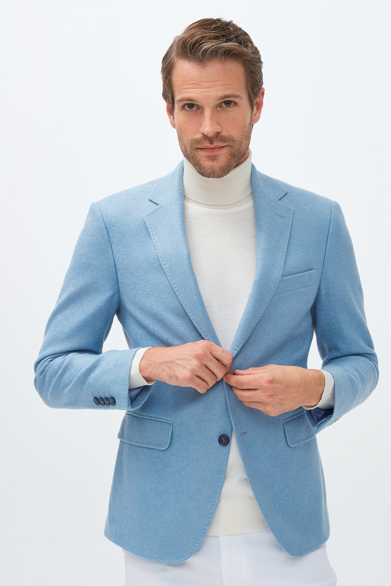 Açık Mavi Slim Fit Dar Kesim Yünlü Örme Ceket