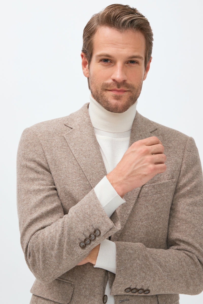 Açık Kahve  Slim Fit Dar Kesim Yünlü Örme Ceket