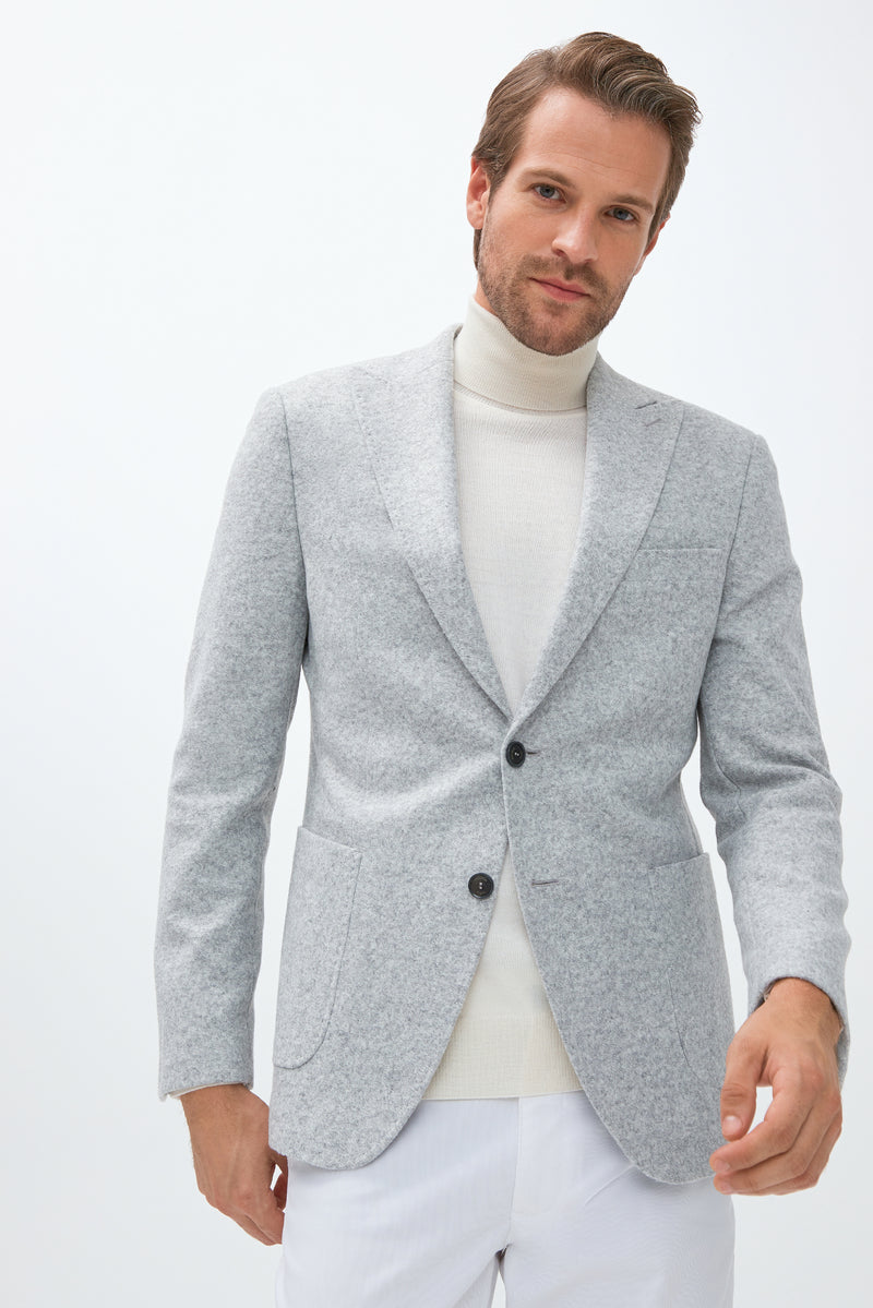 Açık Gri Slim Fit Dar Kesim Yünlü Örme Ceket