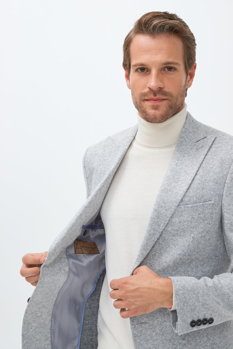 Açık Gri Slim Fit Dar Kesim Yünlü Örme Ceket