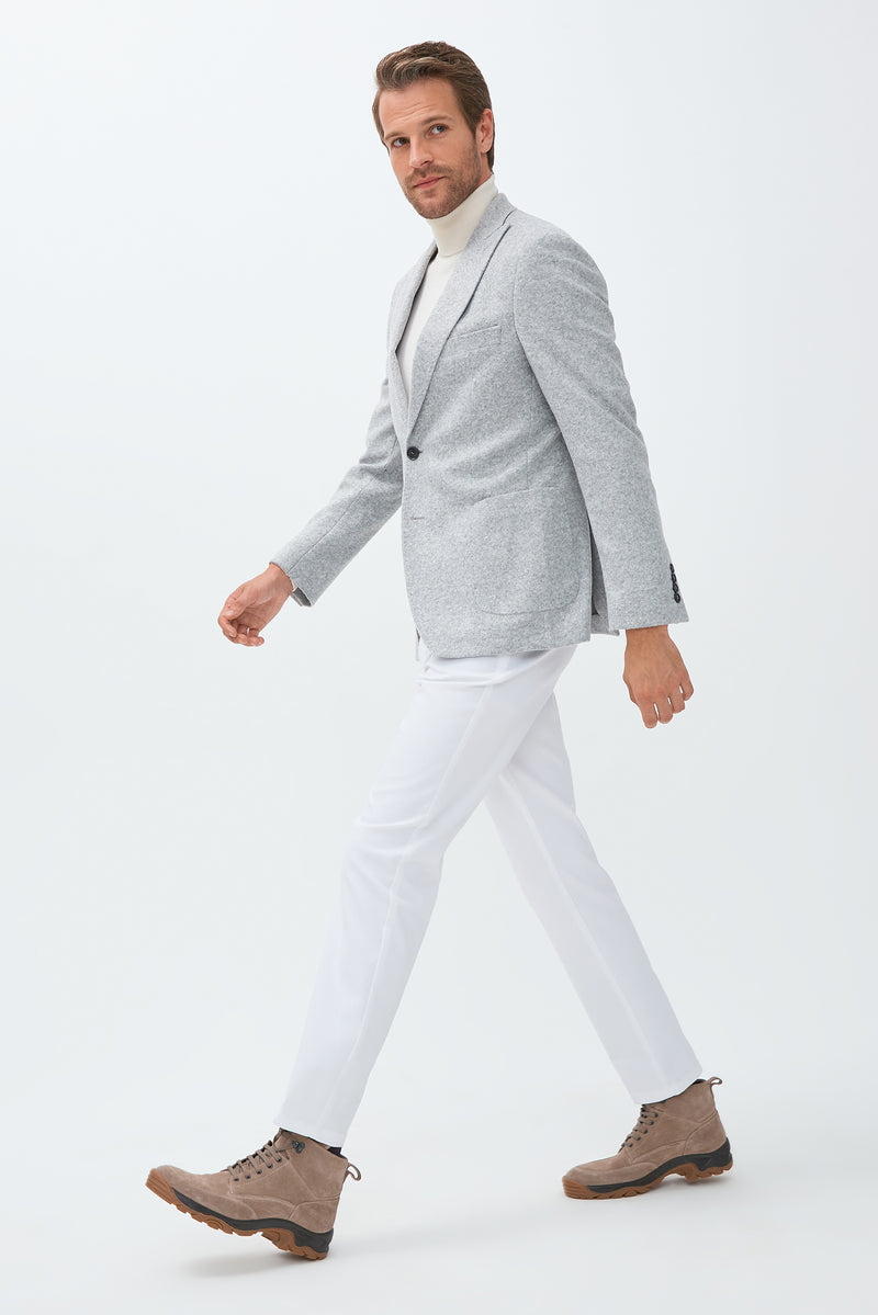 Açık Gri Slim Fit Dar Kesim Yünlü Örme Ceket