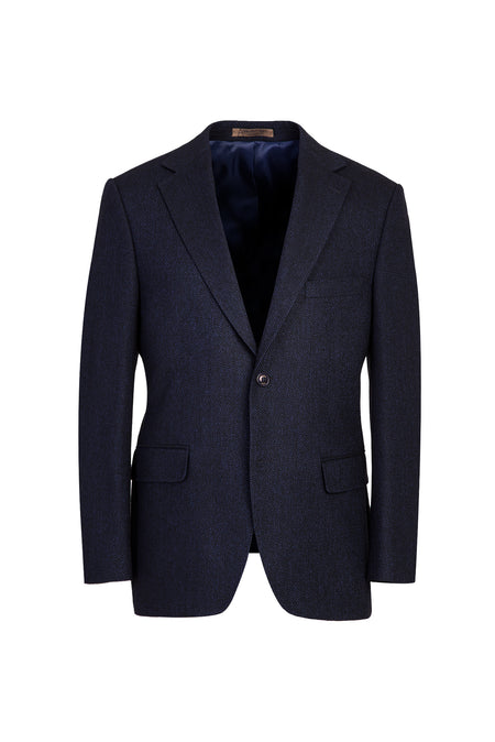 Koyu Lacivert Relaxed Fit Rahat Kesim Yünlü Desenli Klasik Ceket