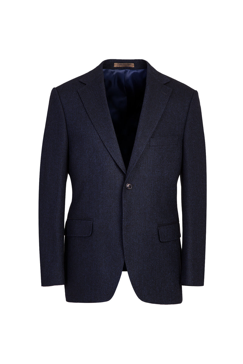 Koyu Lacivert Relaxed Fit Rahat Kesim Yünlü Desenli Klasik Ceket