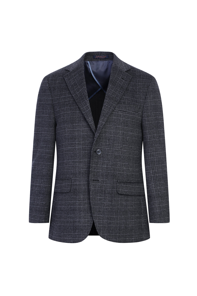 Orta Gri Relaxed Fit Rahat Kesim Yünlü Ekose Ceket