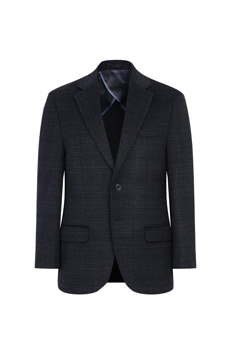 Koyu Antrasit Relaxed Fit Rahat Kesim Yünlü Ekose Ceket