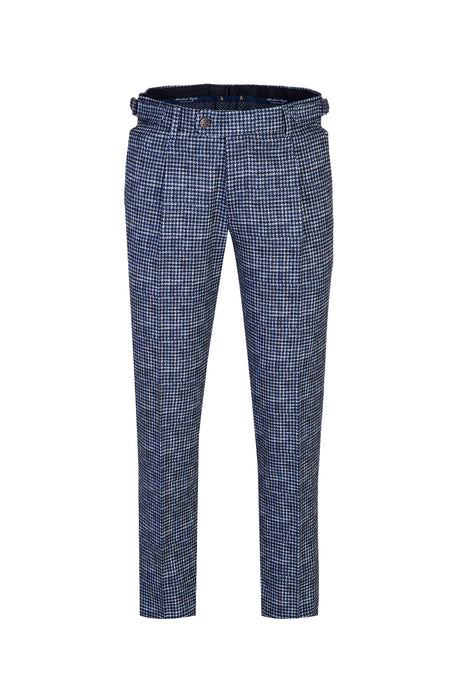 Koyu Lacivert Slim Fit Dar Kesim Desenli Klasik Tokalı Pileli Likralı Kumaş Pantolon