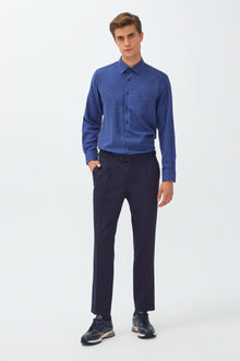 Koyu Lacivert Slim Fit Dar Kesim Yünlü Tokalı Pileli Klasik Kumaş Pantolon