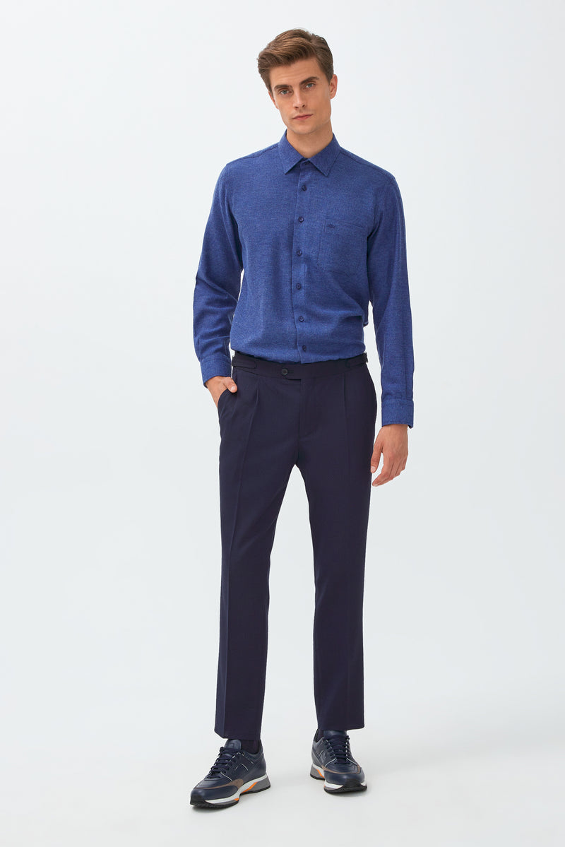 Koyu Lacivert Slim Fit Dar Kesim Yünlü Tokalı Pileli Klasik Kumaş Pantolon