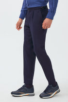 Koyu Lacivert 7 Drop Slim Fit Dar Kesim Yünlü Tokal? Pileli Klasik Kuma? Pantolon-Abdullah Ki??l?
