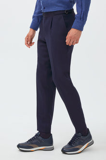 Koyu Lacivert Slim Fit Dar Kesim Yünlü Tokalı Pileli Klasik Kumaş Pantolon