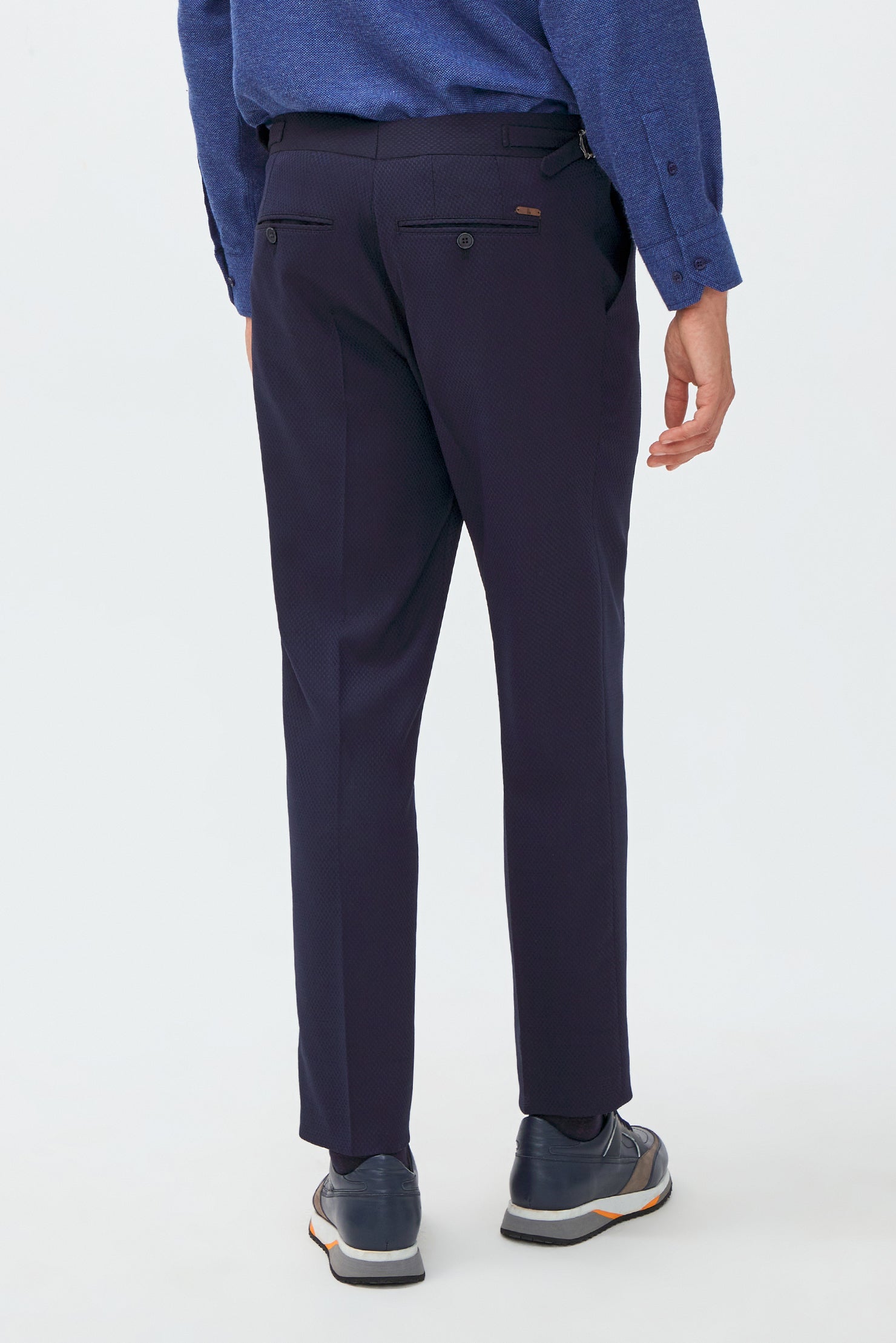 Koyu Lacivert Slim Fit Dar Kesim Yünlü Tokalı Pileli Klasik Kumaş Pantolon