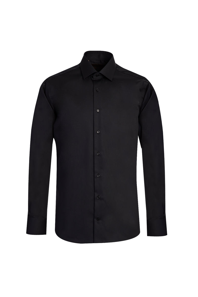 Siyah Uzun Kol Slim Fit Dar Kesim Klasik Non Iron Saten Pamuk Gömlek