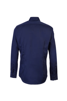 Koyu Lacivert Uzun Kol Slim Fit Dar Kesim Klasik Non Iron Saten Pamuk Gömlek