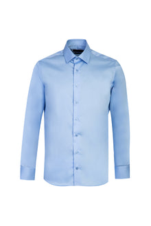 Açık Mavi Uzun Kol Slim Fit Dar Kesim Klasik Non Iron Saten Pamuk Gömlek