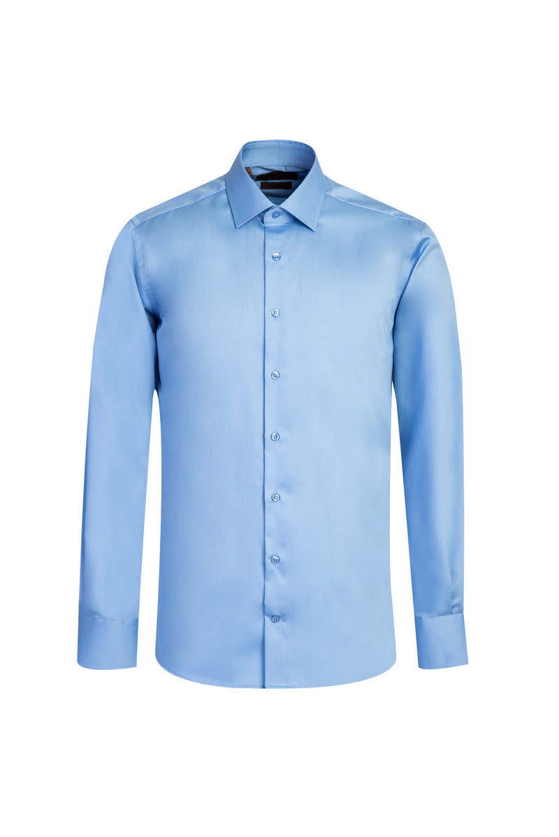 Aqua Mavisi Uzun Kol Slim Fit Dar Kesim Klasik Non Iron Saten Pamuk Gömlek