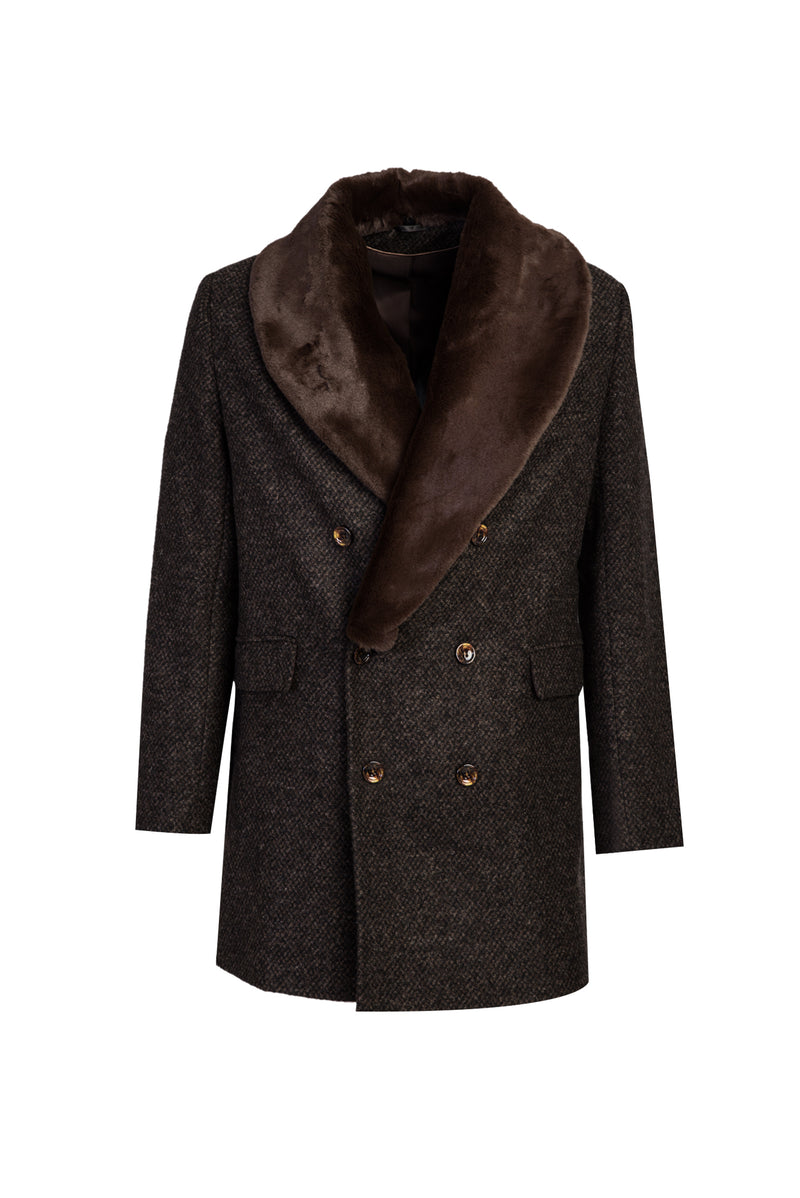 Koyu Kahve Kürk Yaka Yünlü Kaban