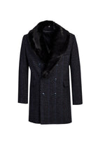 Koyu Lacivert Kürk Yaka Yünlü Kaban