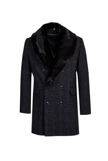 Koyu Lacivert Kürk Yaka Yünlü Kaban