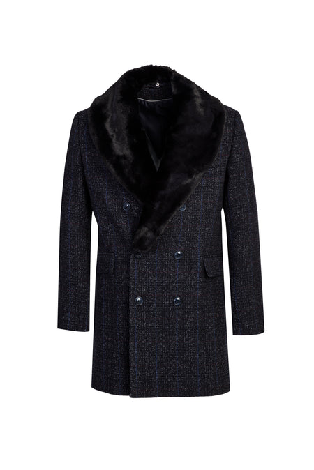 Koyu Lacivert Kürk Yaka Yünlü Kaban