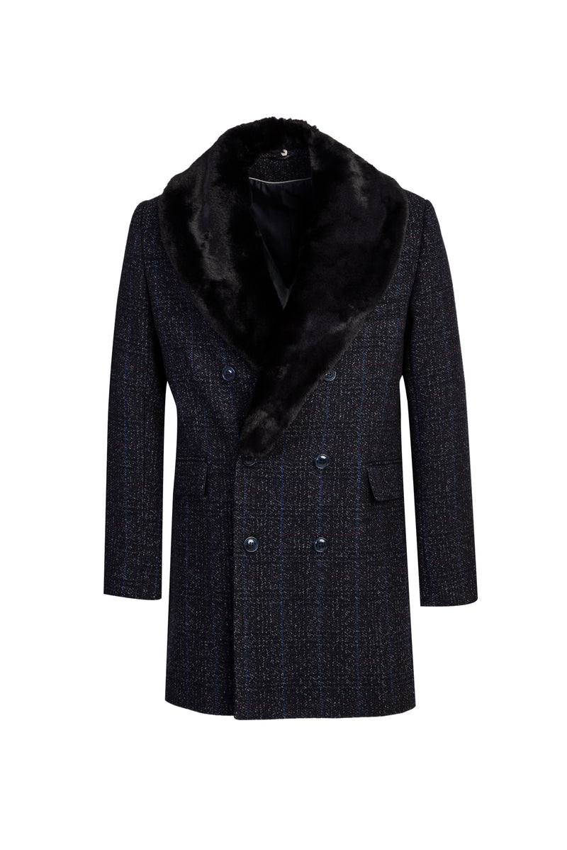 Koyu Lacivert Kürk Yaka Yünlü Kaban