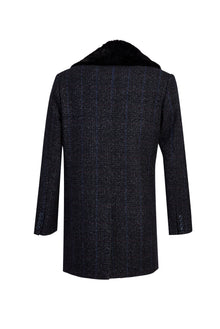 Koyu Lacivert Kürk Yaka Yünlü Kaban