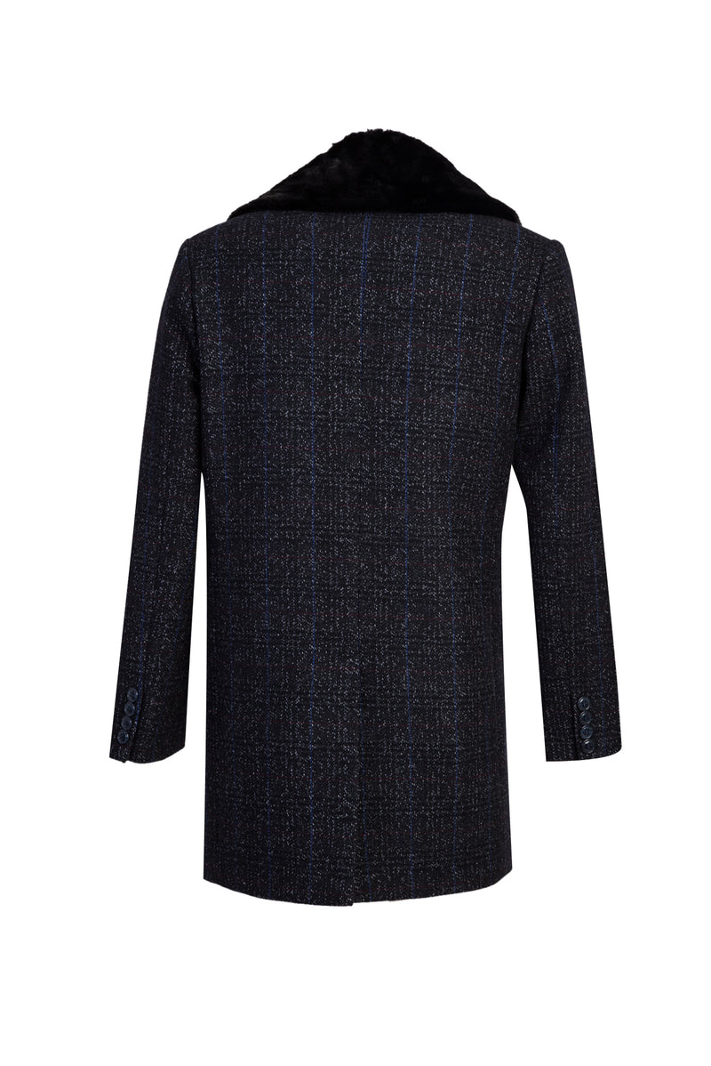 Koyu Lacivert Kürk Yaka Yünlü Kaban