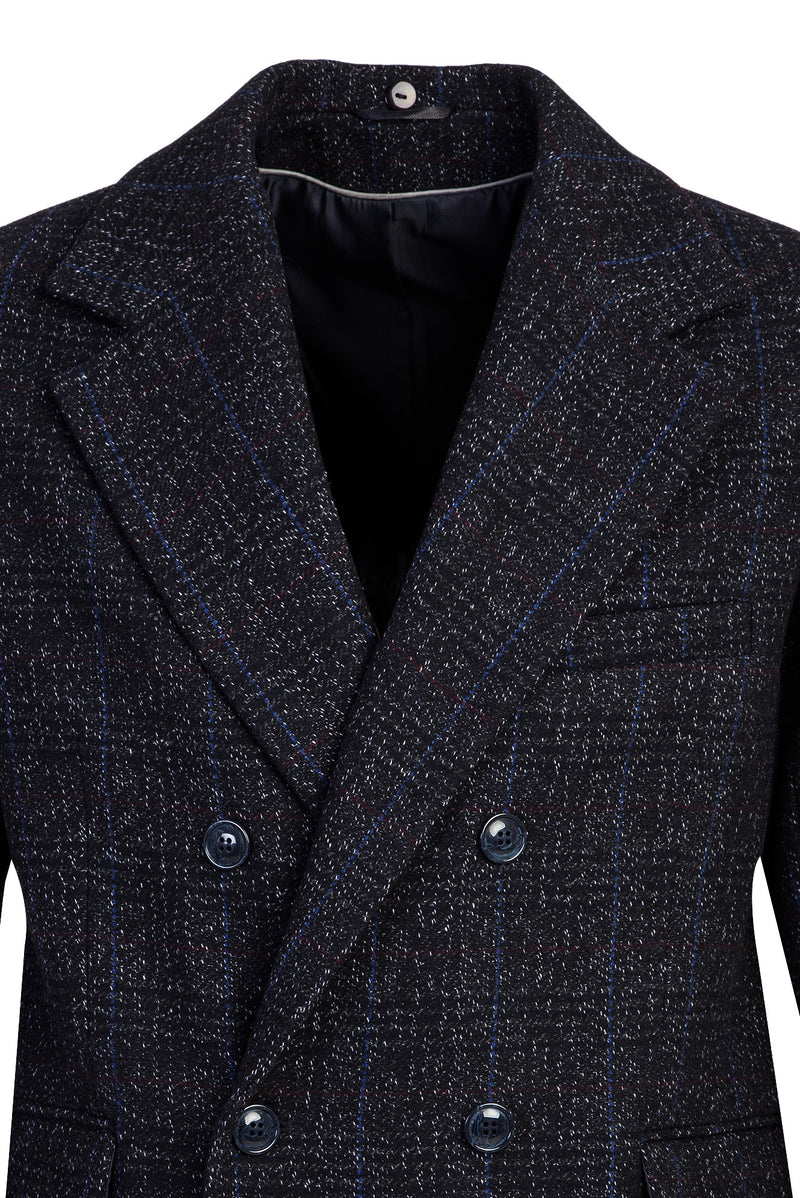 Koyu Lacivert Kürk Yaka Yünlü Kaban