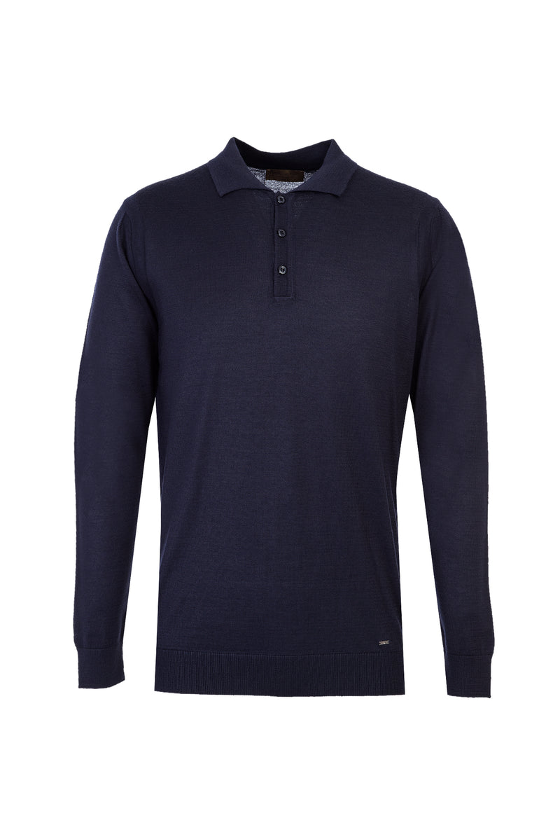 Orta Lacivert Polo Yaka Regular Fit Yünlü Triko Kazak