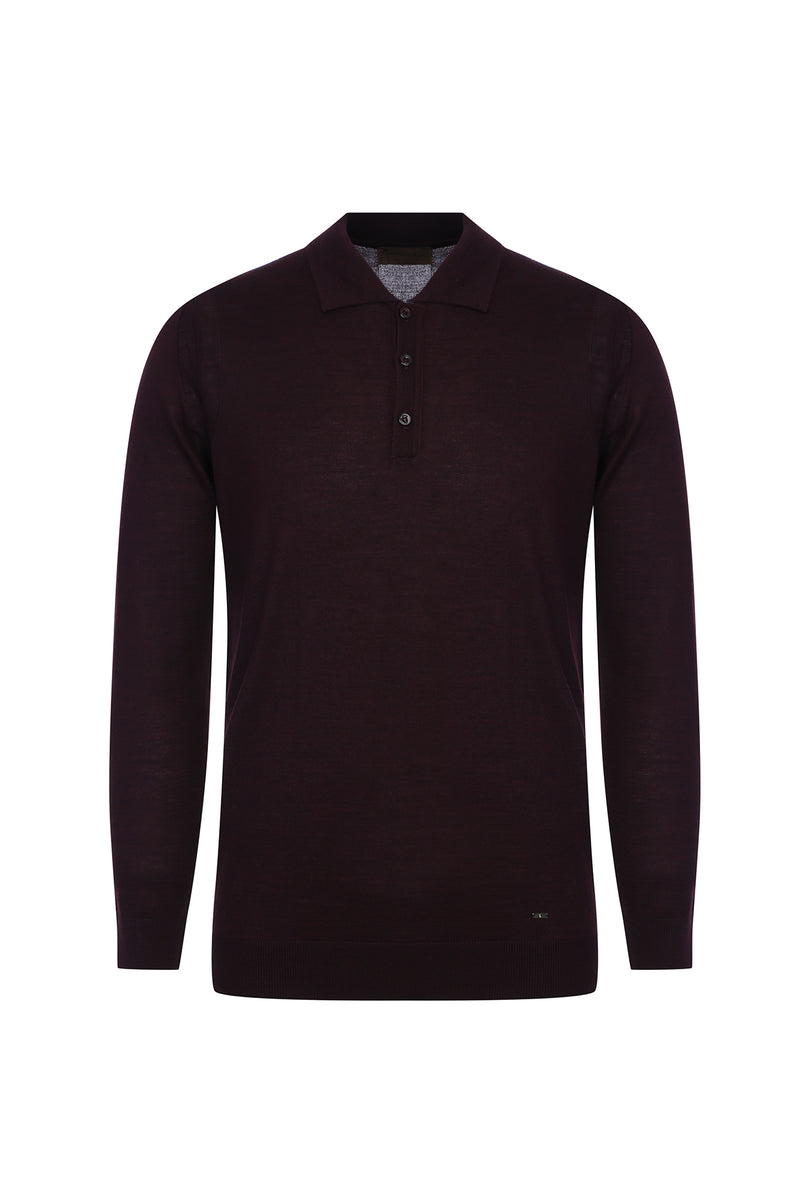 Açık Bordo Polo Yaka Regular Fit Yünlü Triko Kazak