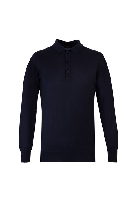 Orta Lacivert Polo Yaka Regular Fit Yünlü Triko Kazak