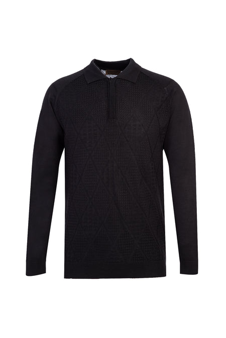 Siyah Polo Yaka Regular Fit Yünlü Desenli Triko Kazak