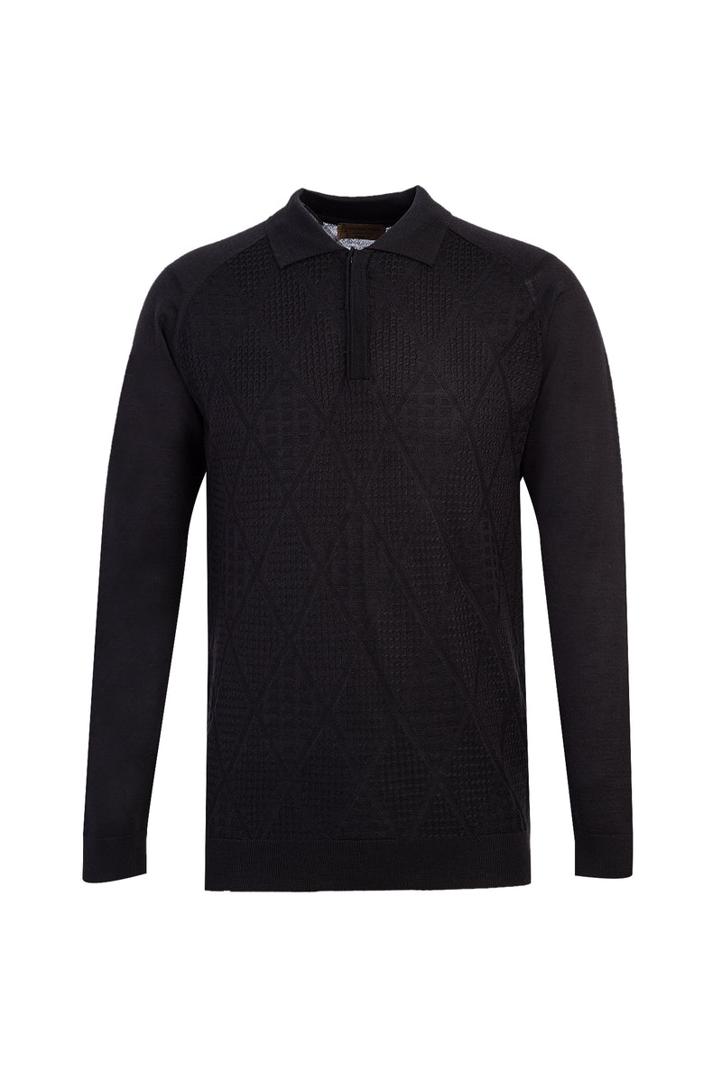 Siyah Polo Yaka Regular Fit Yünlü Desenli Triko Kazak