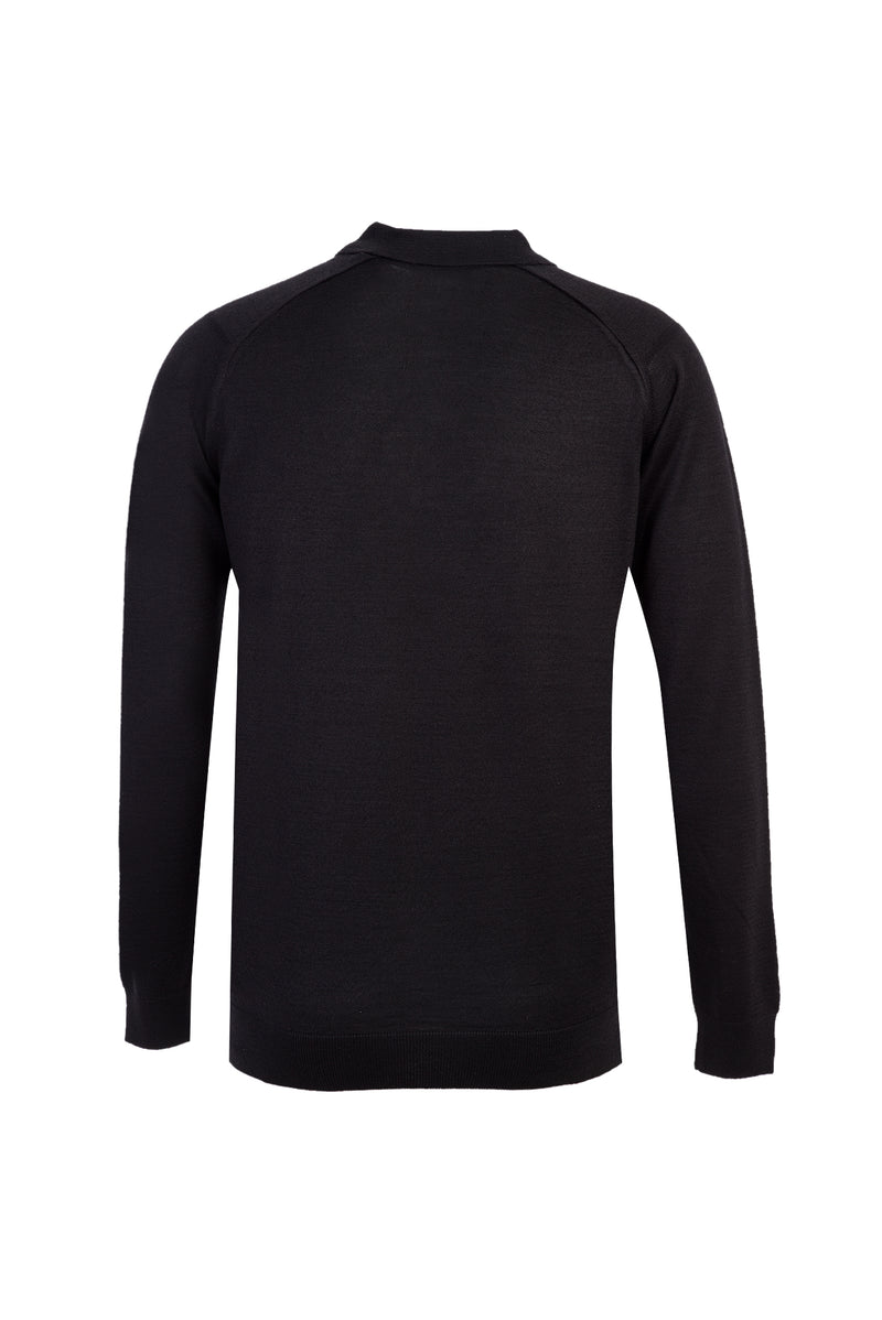 Siyah Polo Yaka Regular Fit Yünlü Desenli Triko Kazak
