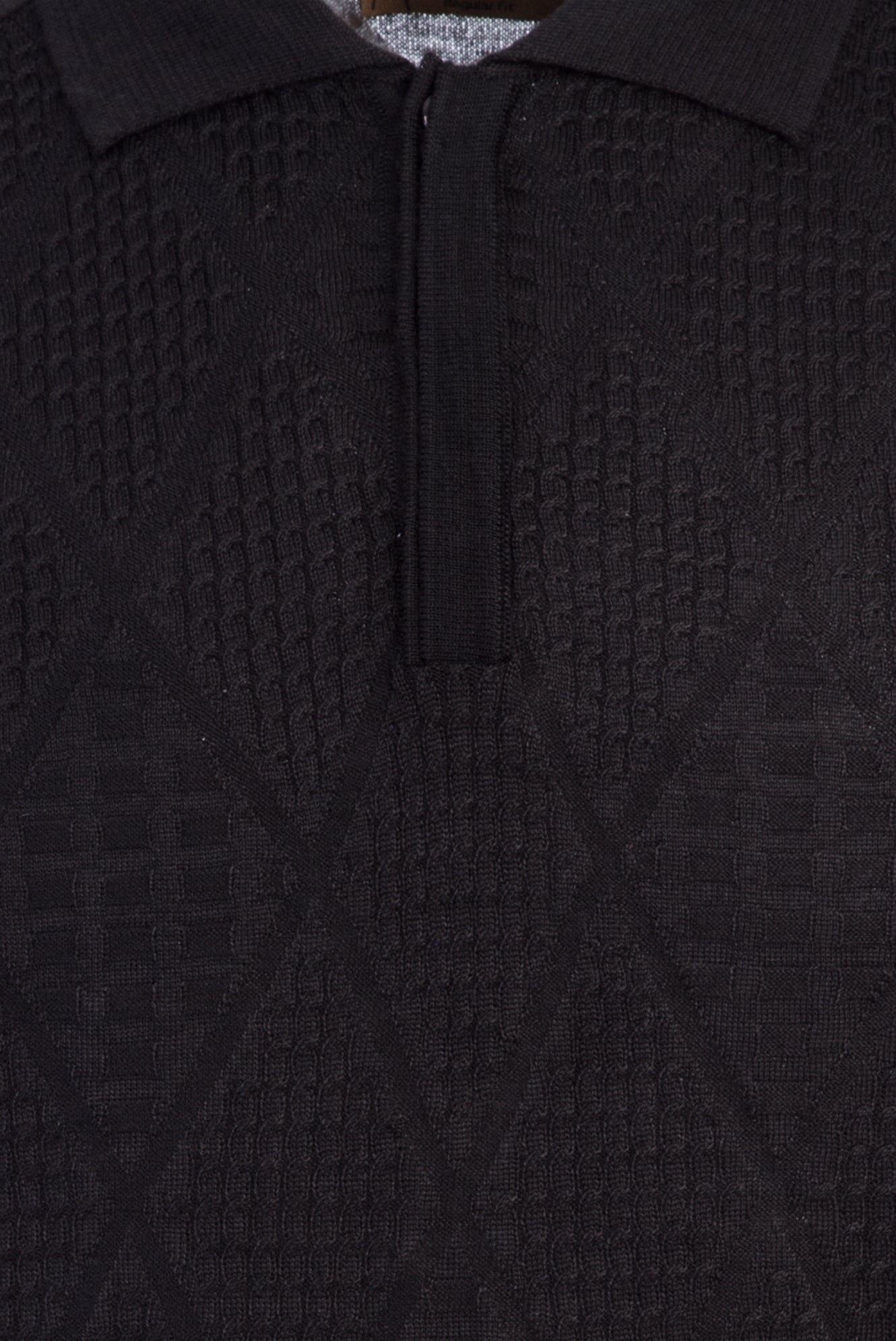 Siyah Polo Yaka Regular Fit Yünlü Desenli Triko Kazak