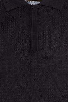 Siyah Polo Yaka Regular Fit Yünlü Desenli Triko Kazak