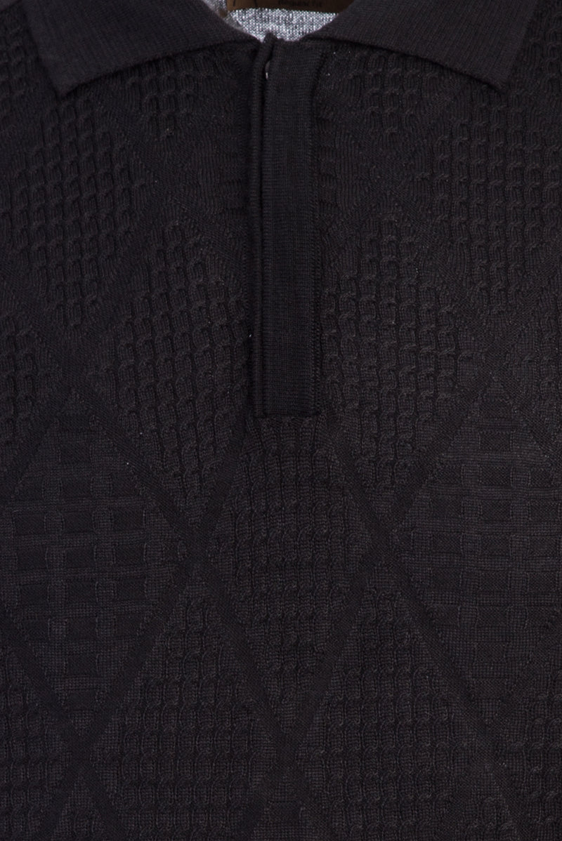 Siyah Polo Yaka Regular Fit Yünlü Desenli Triko Kazak