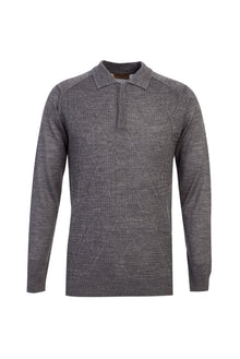 Orta Gri Polo Yaka Regular Fit Yünlü Desenli Triko Kazak