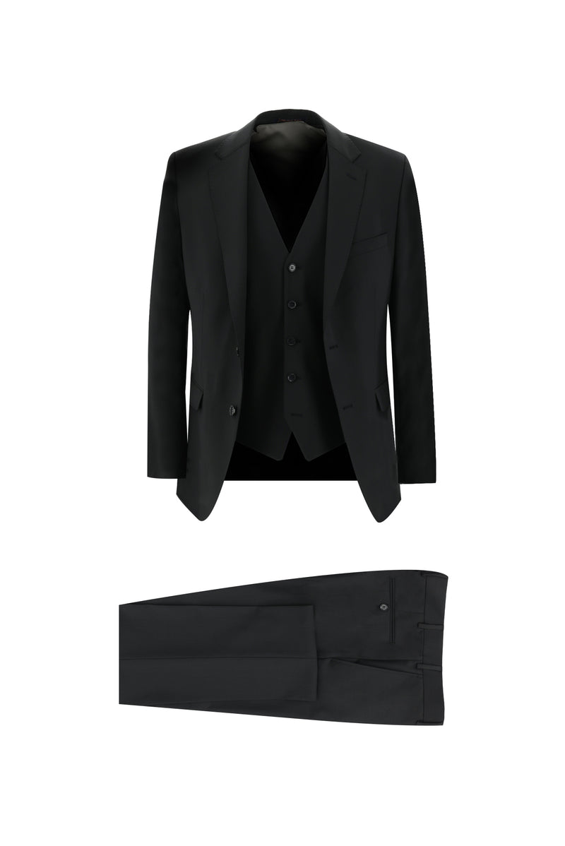 Siyah Slim Fit Dar Kesim Yünlü Yelekli Takım Elbise