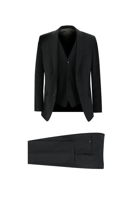 Siyah Regular Fit Yünlü Yelekli Takım Elbise