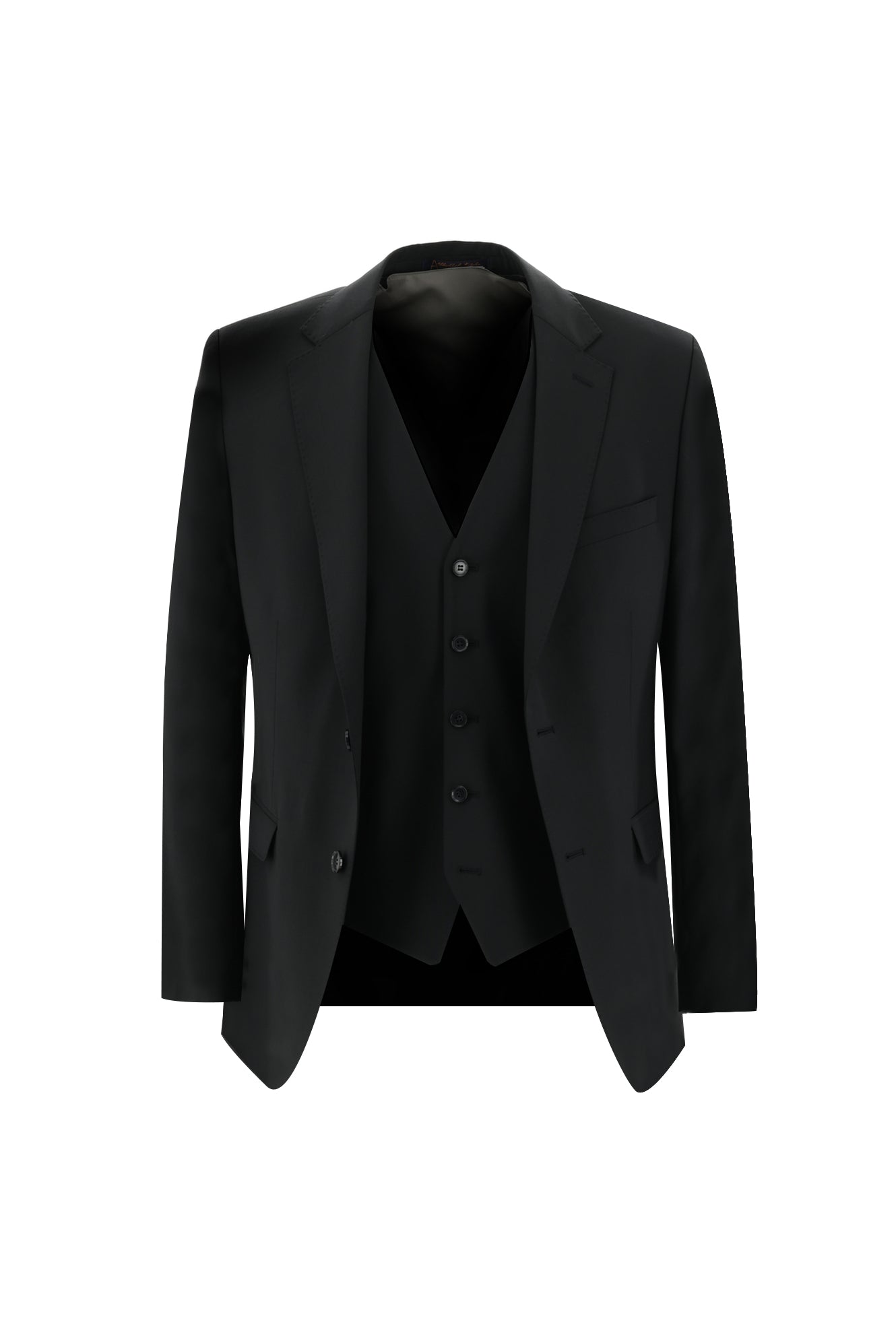 Siyah Slim Fit Dar Kesim Yünlü Yelekli Takım Elbise