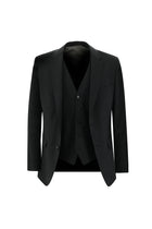 Siyah Slim Fit Dar Kesim Yünlü Yelekli Takım Elbise