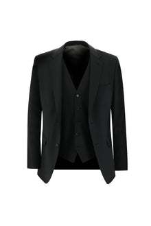 Siyah Slim Fit Dar Kesim Yünlü Yelekli Takım Elbise