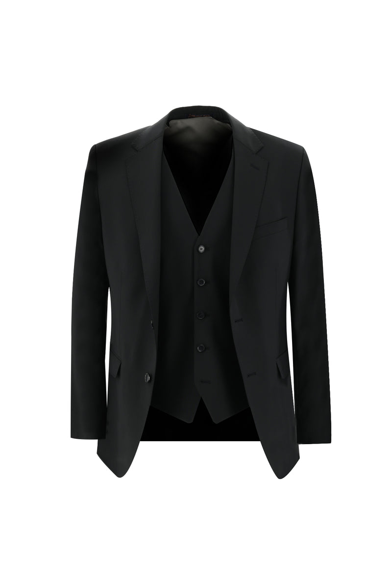 Siyah Slim Fit Dar Kesim Yünlü Yelekli Takım Elbise