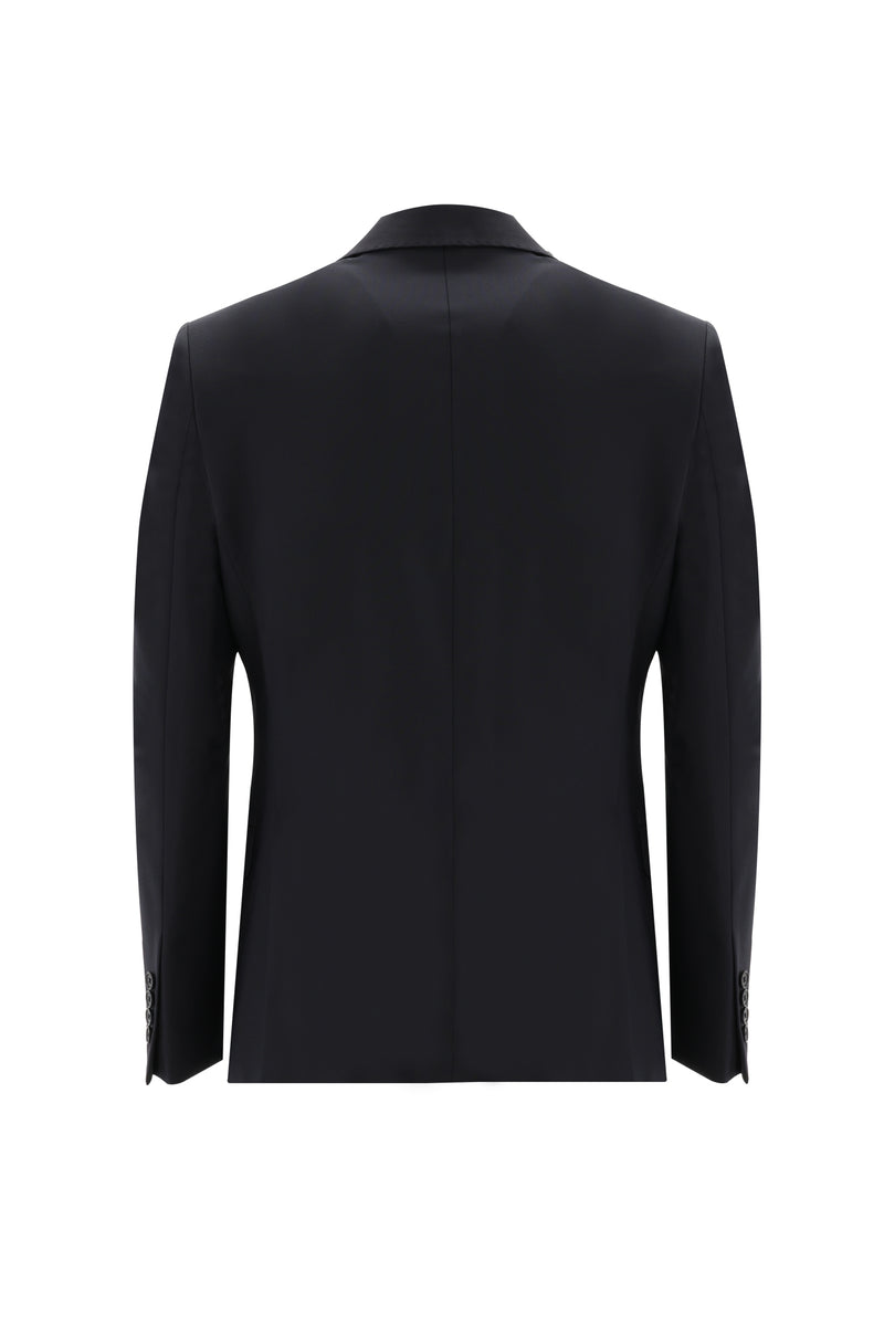 Siyah Lacivert Slim Fit Dar Kesim Yünlü Klasik Takım Elbise