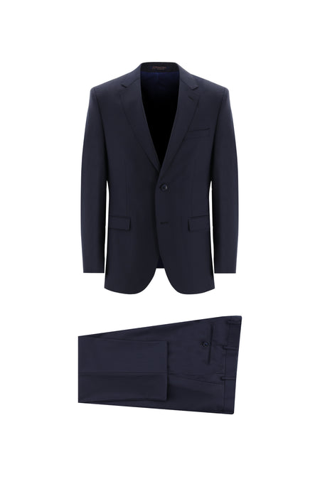 Koyu Lacivert Slim Fit Dar Kesim Yünlü Klasik Takım Elbise