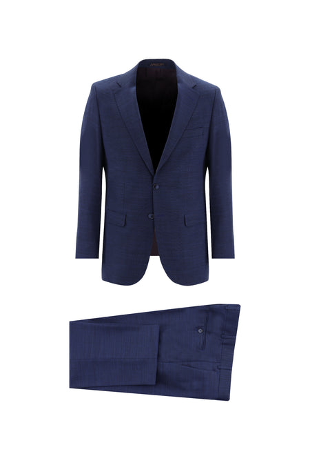Orta Lacivert 7 Drop Slim Fit Dar Kesim Yünlü Desenli Tak?m Elbise-Abdullah Ki??l?
