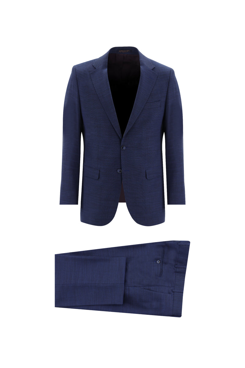 Orta Lacivert 7 Drop Slim Fit Dar Kesim Yünlü Desenli Tak?m Elbise-Abdullah Ki??l?